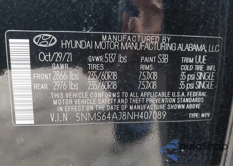 2022 Hyundai Santa Fe Sel from USA, damaged, VIN 5NMS64AJ8NH407089